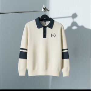 Men's Elegant Cream and Blue Polo Sweater